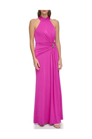 Sleeves High Neck Gown With Drape Front Berry
