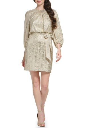 Longsleeve Pleated Neck Blouson Dress Champagne