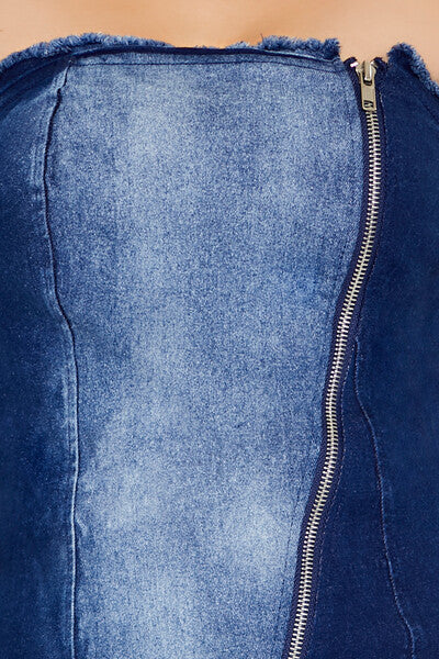 Zip-Up Denim Tube Mini Dress - Image 3